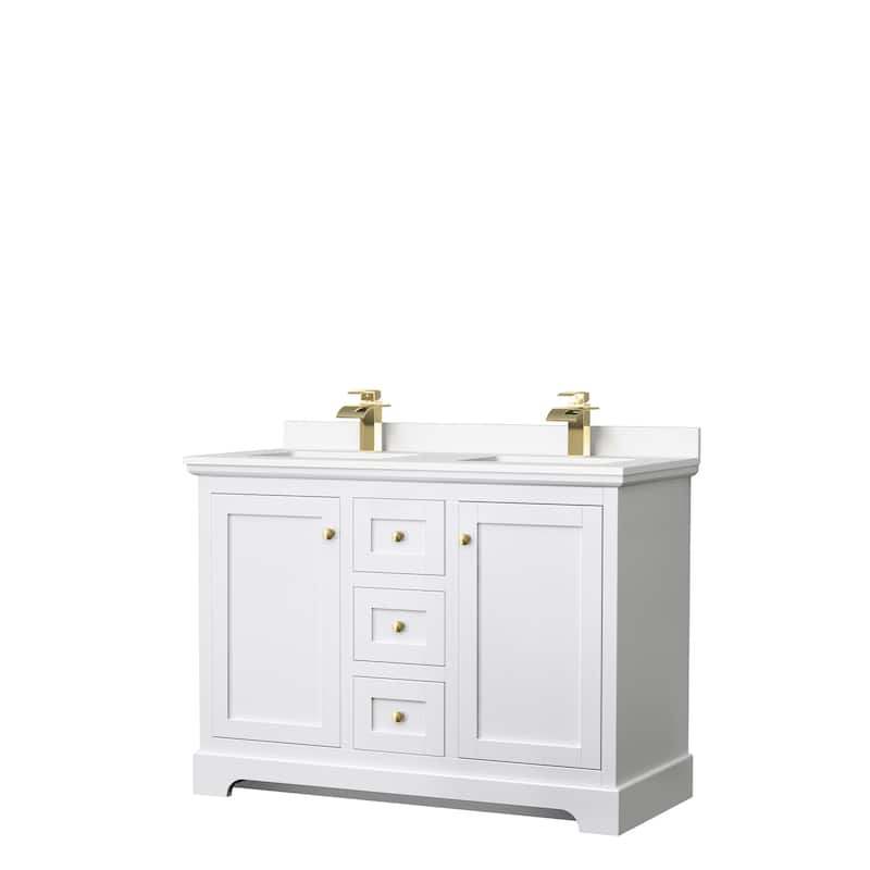 Avery 48 Inch Double Vanity, Cultured Marble Top - White, Gold Trim, White Cultured Marble Top