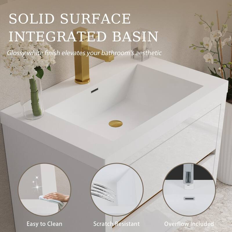 24"/30"/36" Wall-Mounted Bathroom Vanity with Sink, Floating Cabinet, Stone Resin Countertop, Glossy White, Soft-Close Drawers