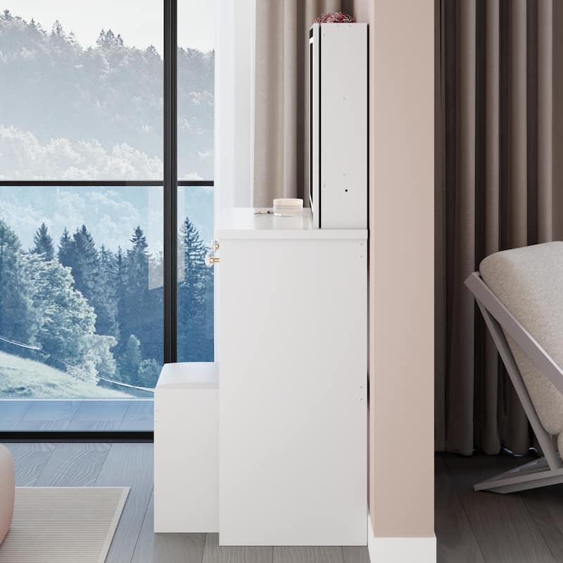 37" Middle Size Left Bedside Cabinet Vanity Table +Cushioned Stool,Extra Large Sliding Mirror,Multi Layer High Capacity Storage