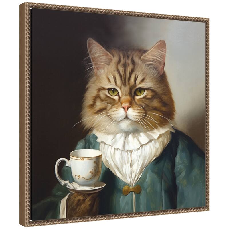 Kate and Laurel Sylvie Teacup Cat Framed Canvas by The Creative Bunch Studio - 22x22 - Gold