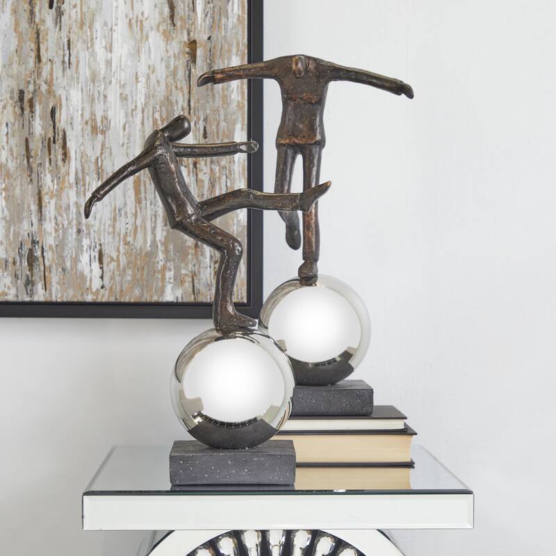 Polystone People Decorative Sculpture with Silver Ball Stands - Set of 2 Bronze - Roche River Decor