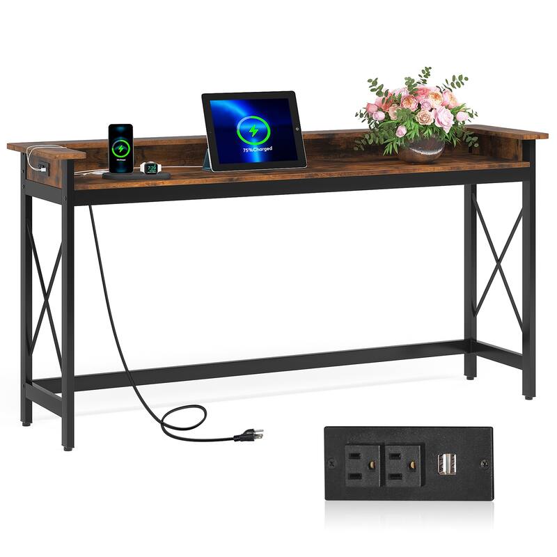 Sofa CouchTable with Outlets and USB Ports, 70.9 inch Long Entryway Console Table - Brown