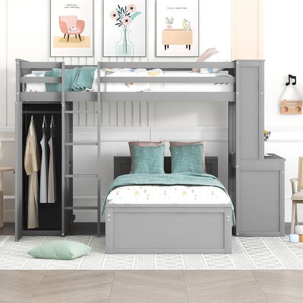 slide 2 of 11, Twin over Twin Size Loft Bed with a Twin Size Stand-alone Bed, Bunk Bed with Shelves, Desk and Wardrobe, Grey Grey