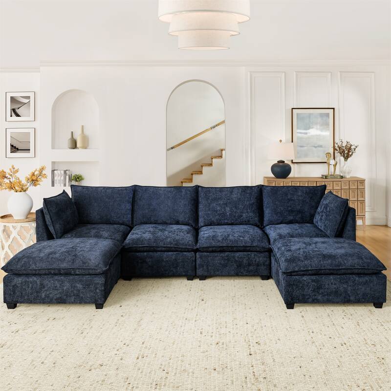 Chenille Upholstered Sectional Sofa with 2 Ottoman Chaise Lounge and Throw Pillows, Deep Seat Sleeper Cloud Couches, 4 Seat - Blue