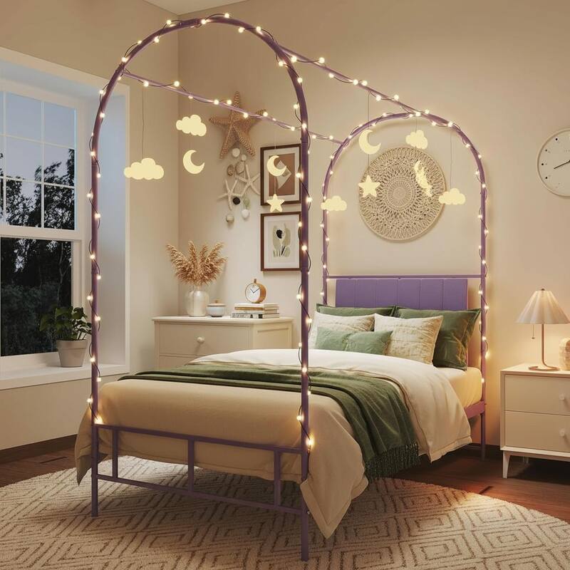 Twin Canopy Bed Frame, with Upholstered Headboard - Purple