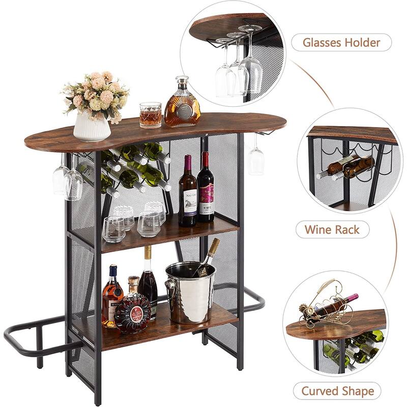 VECELO Bar Unit Bar Cart with Metal Mesh Front, 3-Tier Wine Rack with Glasses Holder