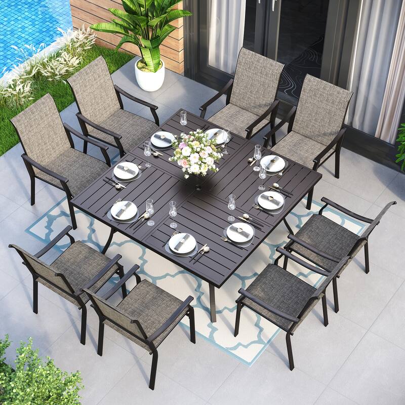 MAISON ARTS 9-Piece Patio Dining Set, 60 Inch Square Metal Table and 8 Textilene Fabric Padded Armchairs - Black Table