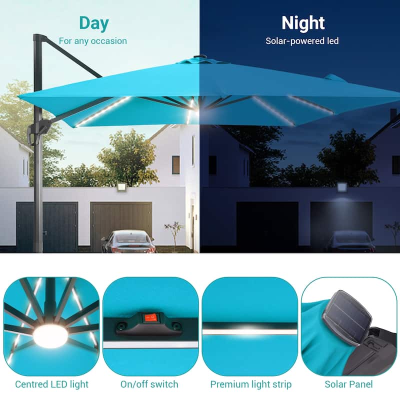 BONOSUKI 11.5x9FT LED Cantilever Patio Umbrella 360 Rotation w/Base