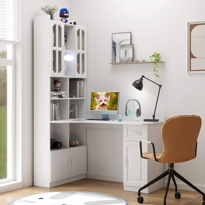 Bookshelf & Hutch, 2-in-1 L-Shaped Design, Large Working Space Student Desks Corner Desks - White