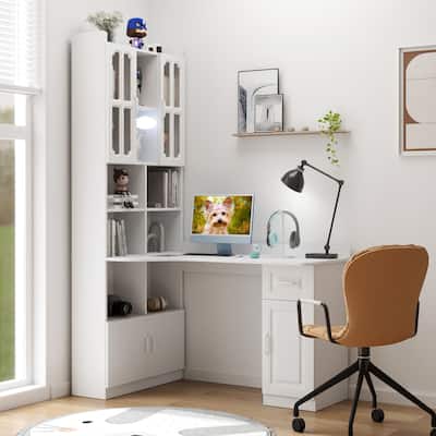 L-Shaped Corner Computer Desk, Study Modern Style Table with Drawers, Bookshelf & Hutch, 2-in-1 L-Shaped Design
