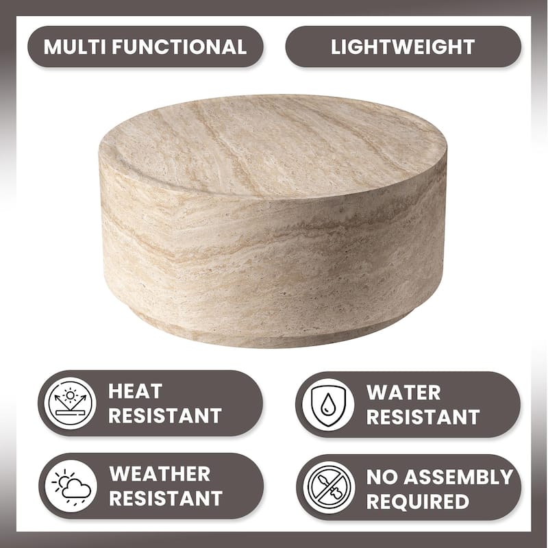 Terra 36-Inch Modern Wide Coffee Side Table in Fiberstone Round Accent Center Table for Indoor and Outdoor Patio Use