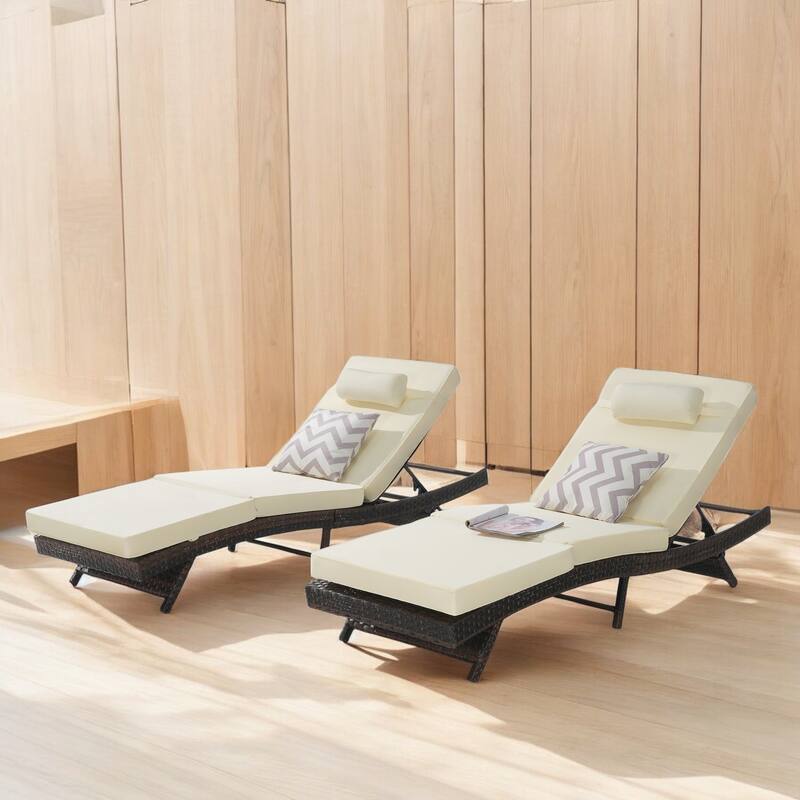 Adjustable Wicker Lounge Chair Set of 2 - Reclining Sunbathing Chairs with Cushions, All-Weather PE Rattan for Patio & Garden
