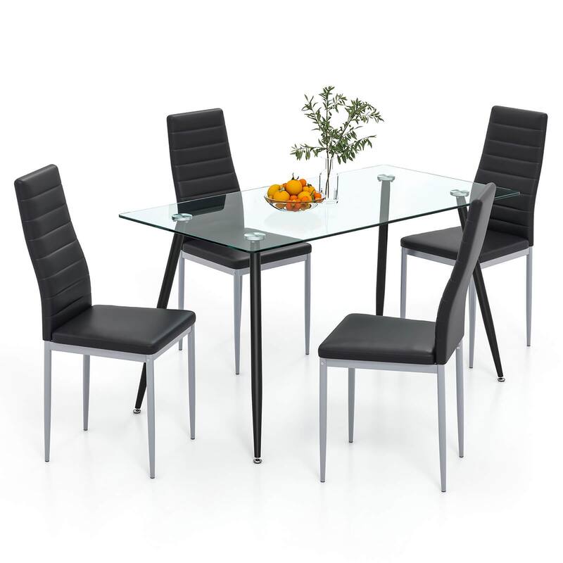 Gymax 5 PCS 51'' Rectangle Dining Set 0.3'' Thick Glass Table w/ 4 - Black