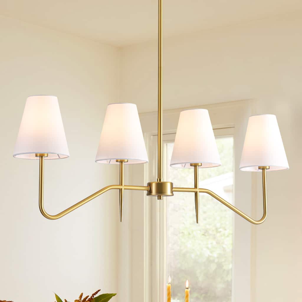 32.3" 4-Light Mid-Century Modern Gold/Black with Fabric White Cone Shades Kitchen Island Pendant Light