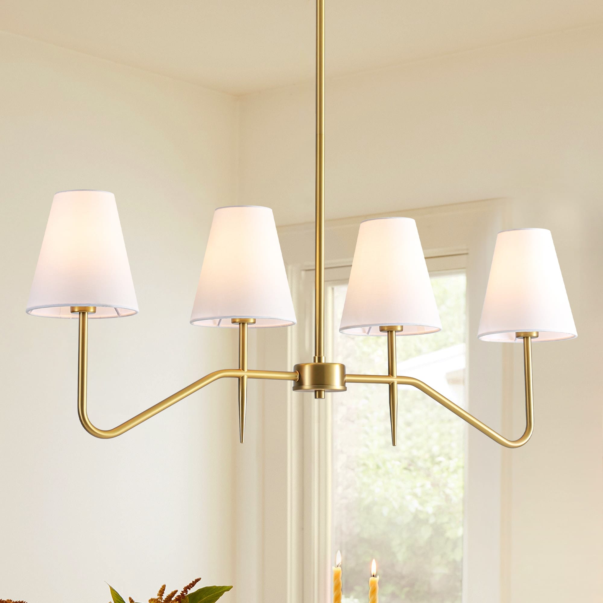 32.3" 4-Light Mid-Century Modern Gold/Black with Fabric White Cone Shades Kitchen Island Pendant Light
