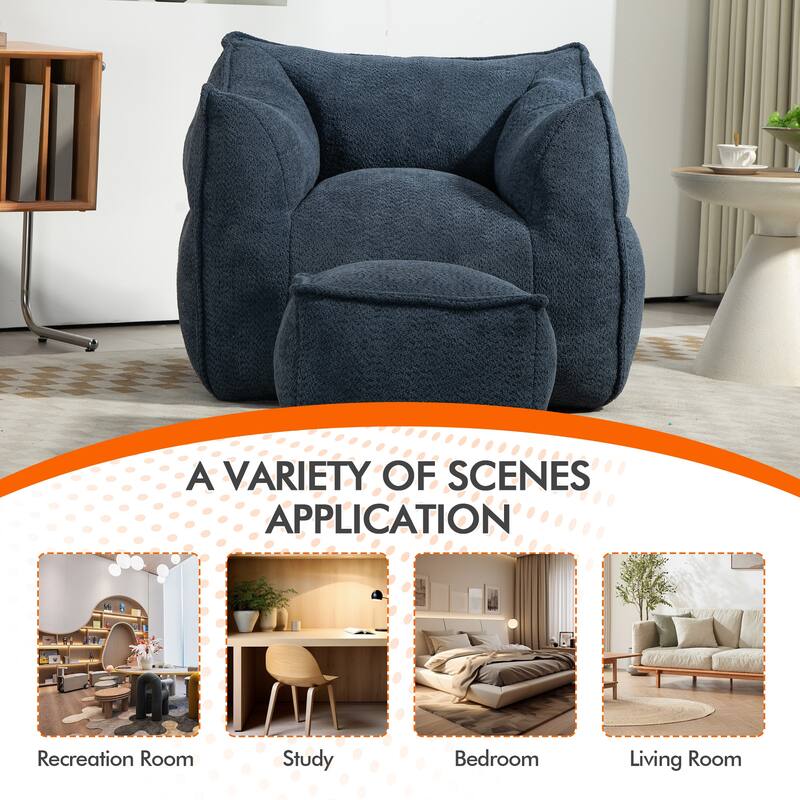 Boucle Upholstered Deep Seat Armless Square Bean Bag Chair with Ottoman