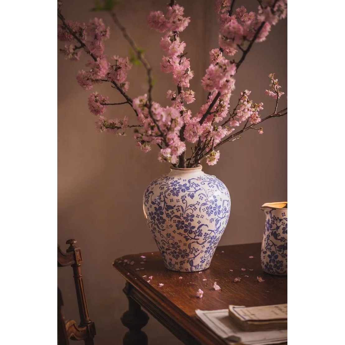 D9.1x11" Round Ceramic Vase with Distressed White Finish and Blue Floral Motif