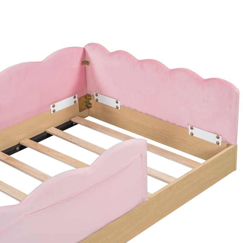 Twin Size Upholstered Bed with Bunny Ear Shape Pillows and Rabbit Tail Footboard, Storage Bags, Wave Frame Platform Bed