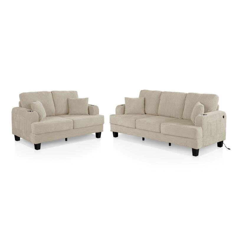 Furniture of America Xenia Modern 2-Piece Chenille Sofa Set with Cup Holders and USB Ports
