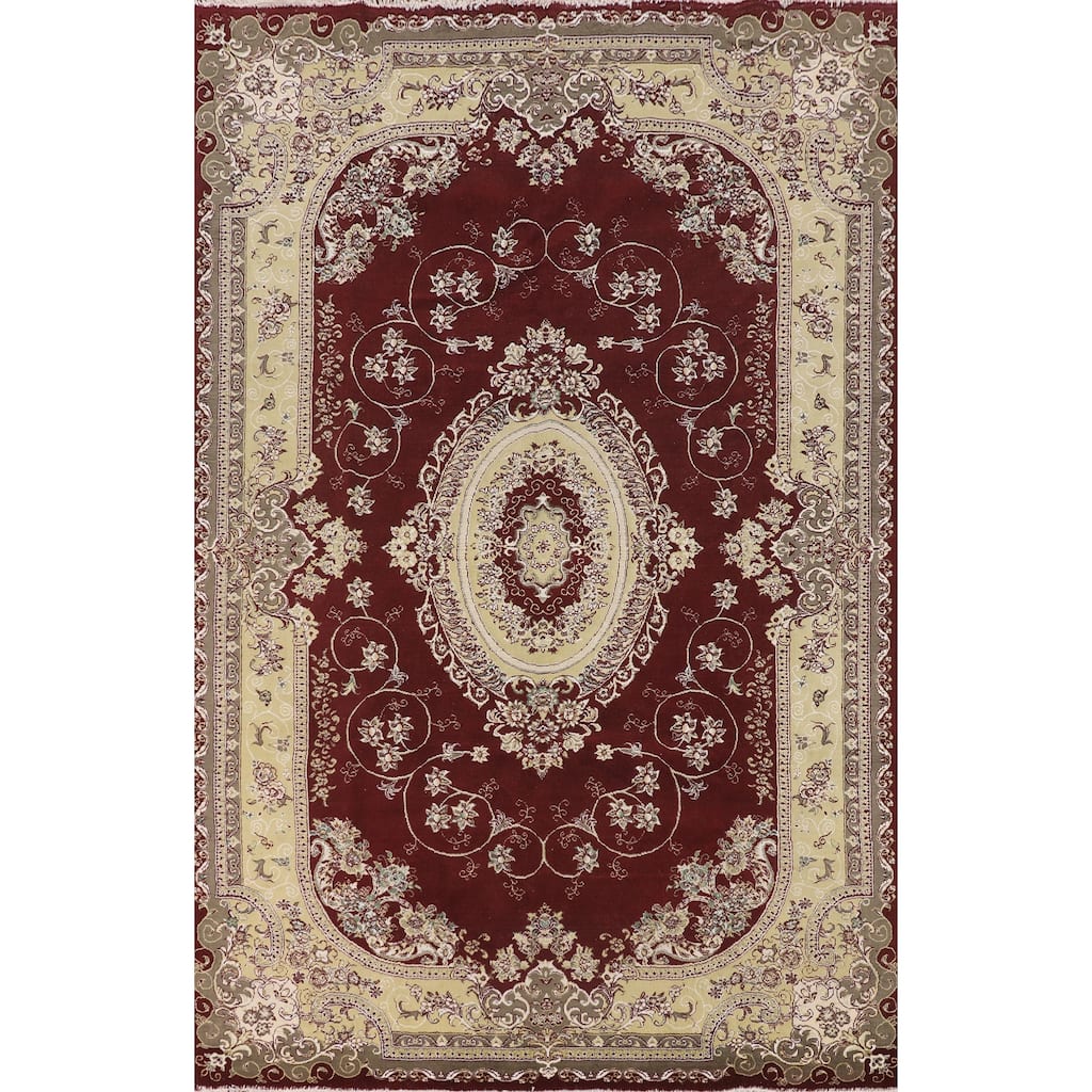 Burgundy Red Floral Kashan Turkish Rug Traditional Machine-Made Carpet - 6'6" x 9'10"