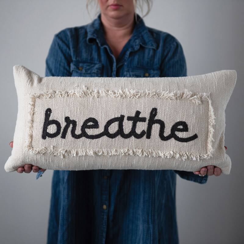 Embroidered Cotton Pillow "Breathe" with Eyelash Fringe, Cream & Charcoal Color