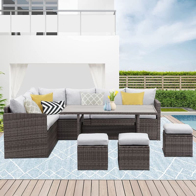7-Pieces PE Rattan Wicker Patio Dining Sectional Cusions Sofa Set - 30