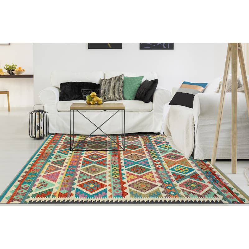 Flatweave Ulbolsyn Turquoise/Ivory Rug - 5'9" x 8'1"