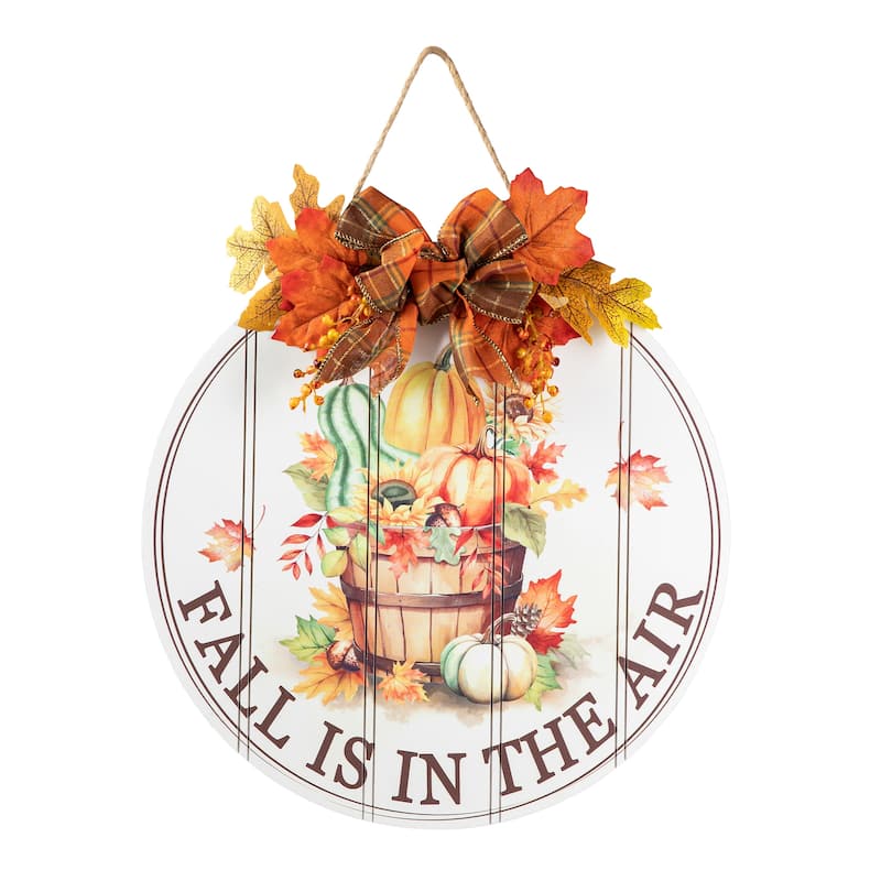 Glitzhome 15"D Hello Fall Wooden Pumpkins Word Sign with Floral Door Hanger - Round Sign