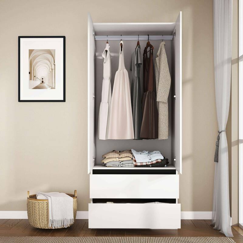 75" Armoire Wardrobe Closet with 2 Drawers, Clothes Organizer Closet with Storage Shelves