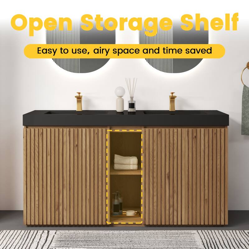 GDFStudio - Galan 60" Freestanding Bathroom Vanity with Quartz Sink, Solf Close Doors, Open Storage Shelf, NO Drain & Faucet