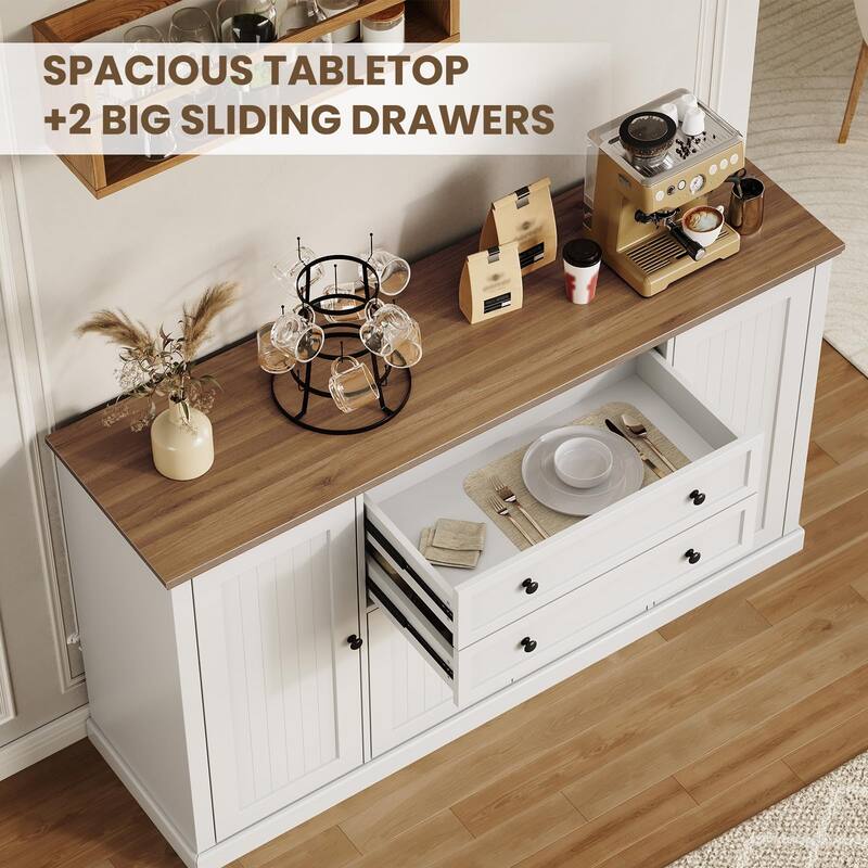 58" Farmhouse Buffet Cabinet, Sideboard Buffet Storage Cabinet with 2 Large Drawers and 4 Grooved Barn Doors