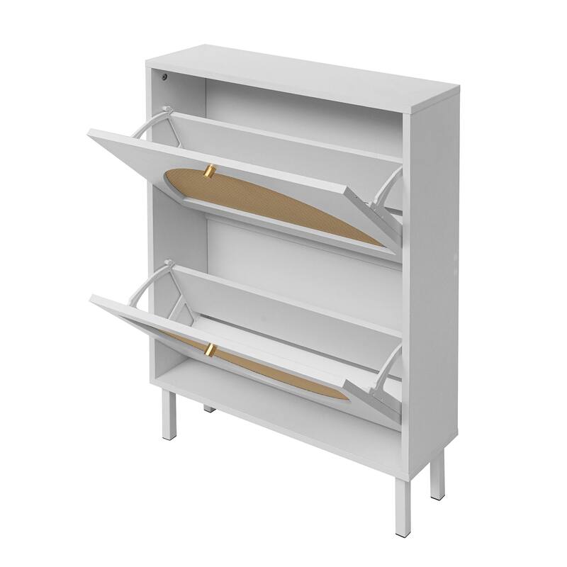 Rattan Shoe Cabinet with 2 Flip Drawer, Freestanding Entryway Organizer, Shoe Rack with Metal Legs for Living Room, Hallway