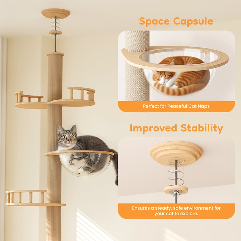 Floor-to-Ceiling Adjustable Cat Tree Tower with Acrylic Capsule - Natural