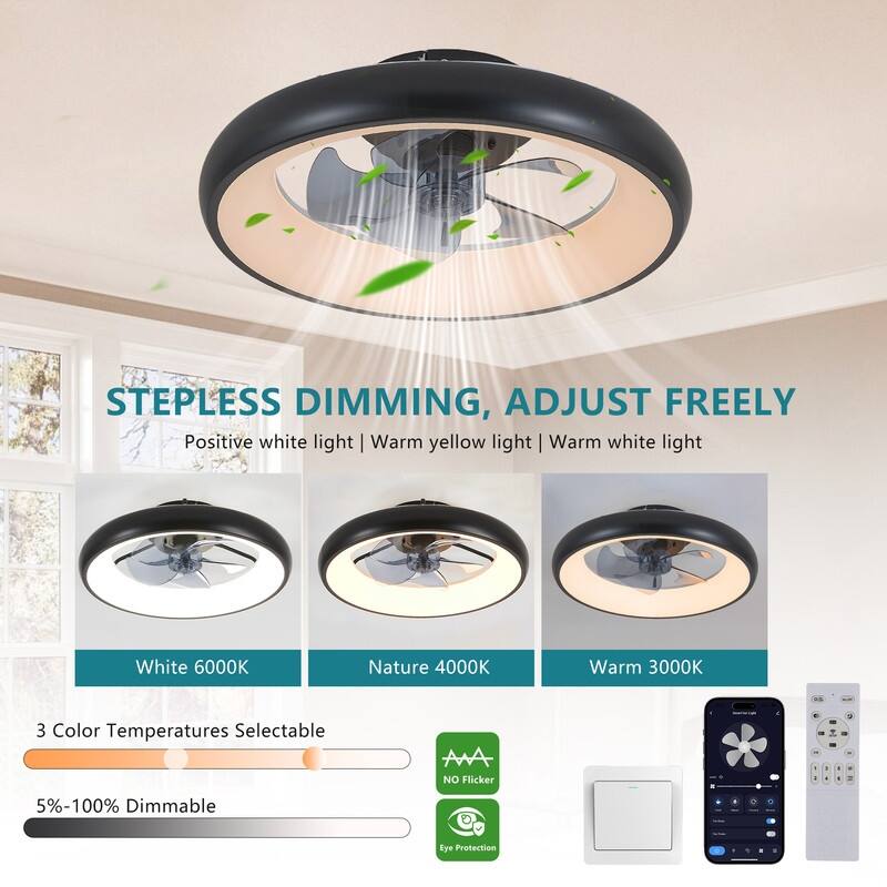 20" Black Smart LED Ceiling Fan – Dimmable & Adjustable Color Temperature, Silent 6-Speed Reversible DC Motor.