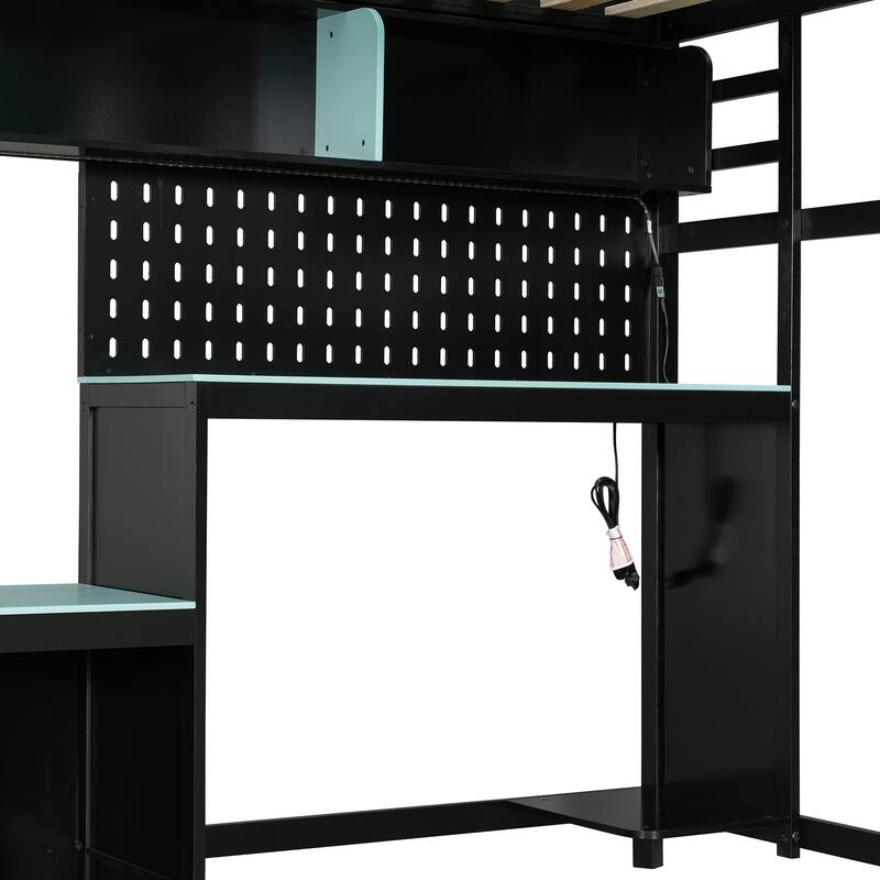 Full Size Wood Loft Bed with Storage Desk Shelves and LED Lights