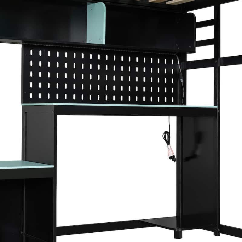 Gaming Loft Bed Full Size Wood Loft Bed with Pegboard PC Desk Computer Case Stand Charging Station LED Lights for Gamers
