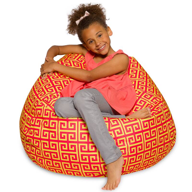 Kids Bean Bag Chair, Big Comfy Chair - Machine Washable Cover - 38 Inch Large - Pattern Scrolls Red and Yellow