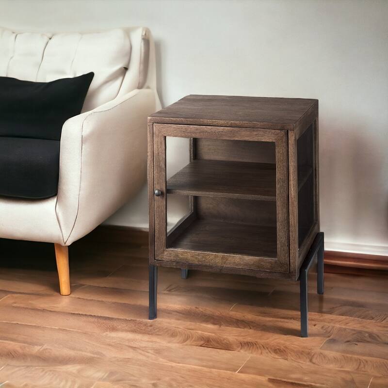 24 Inch Brown Square Wood End Table with Metal Base - 22” x 22” x 24”