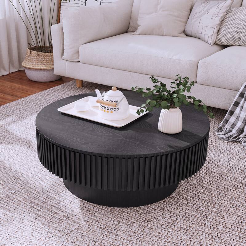 31.5 Inch Round Coffee Table with Storage - Black