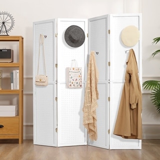 4 Panel Pegboard Display Room Divider 5.6 FT Wooden Foldable Privacy Screen, Wood Room Divider