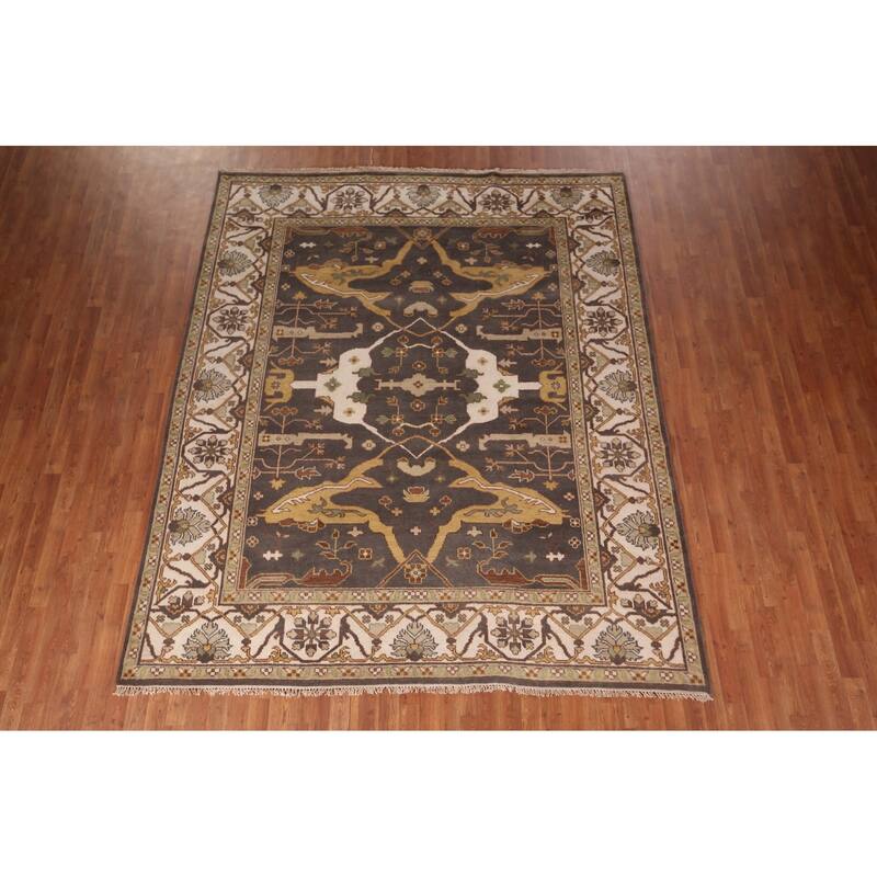 All-Over Gray & Ivory Oushak Indian Area Rug Handmade Wool Carpet - 8'1" x 9'9"