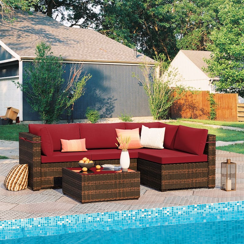 Patio Watcher 5 Pieces Patio Wicker Sectional Sofa Seating Group with Cusions - Cherry Red