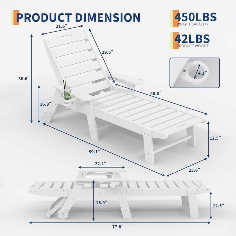 HDPE 5-Position Patio Lounge Chair for Outside with Rolling Wheels