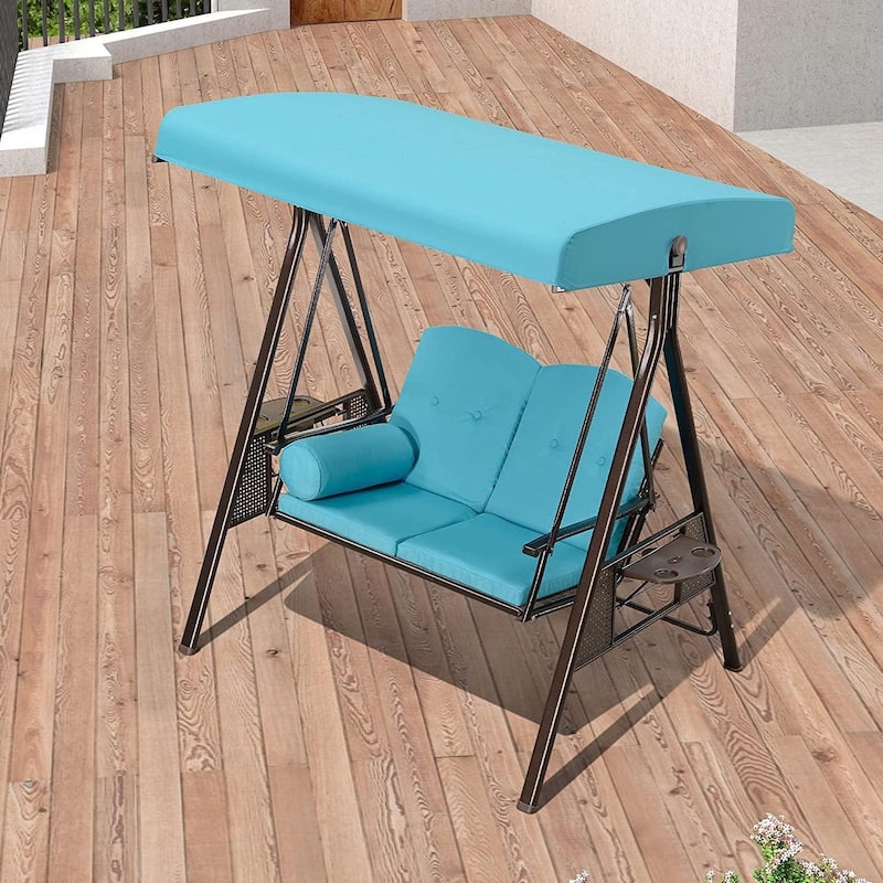 PURPLE LEAF Turquiose Blue Deluxe Outdoor Patio Porch Swing with Weather Resistant Steel Frame, Cushions and Pillow Included