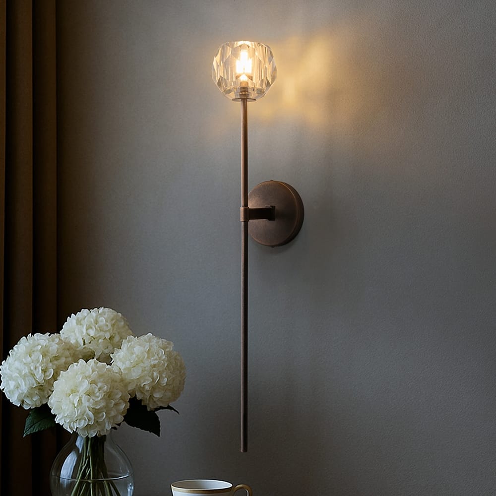 H28" Antique Bronze Vertical Wall Lamp with Faceted K9 Crystal Modern Crystal Wall Sconce for Bathroom Hallway - W6''