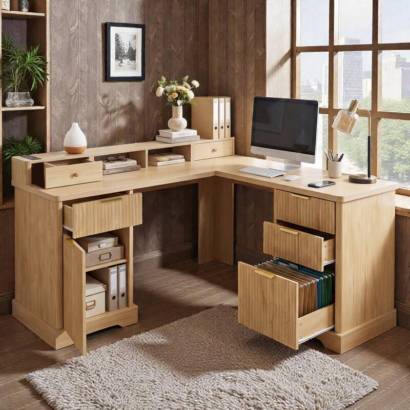 59 Inch Modern L Shaped Desk with Charging Station, Computer Desk with Storage Cabinet File Drawer and Monitor Stand