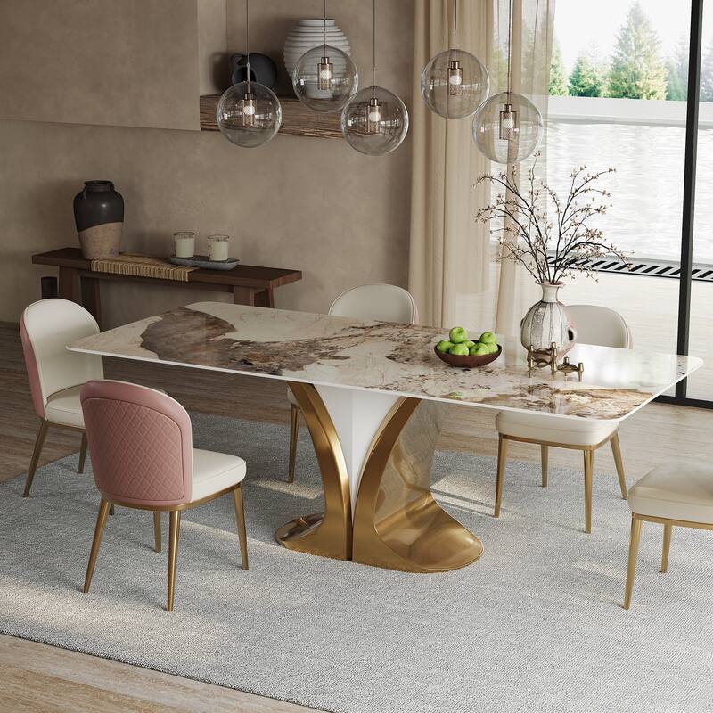 Modern Faux Marble Dining Table with Gold Stainless Steel V-Legs Rectangle 78 in. - 78*37.4 - White
