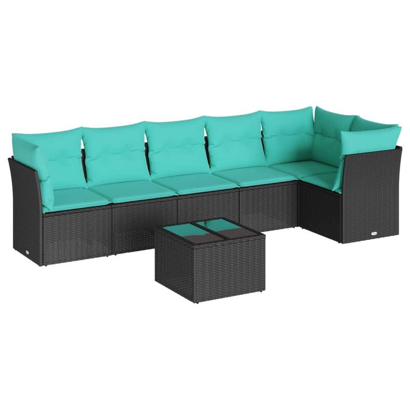 vidaXL 7 Piece Patio Sofa Set with Cushions Black Poly Rattan - 92.2x27.2x46.1