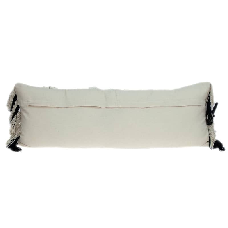 HomeRoots 12" X 35" Black and White Plaid Cotton Lumbar Throw Pillow With Fringe