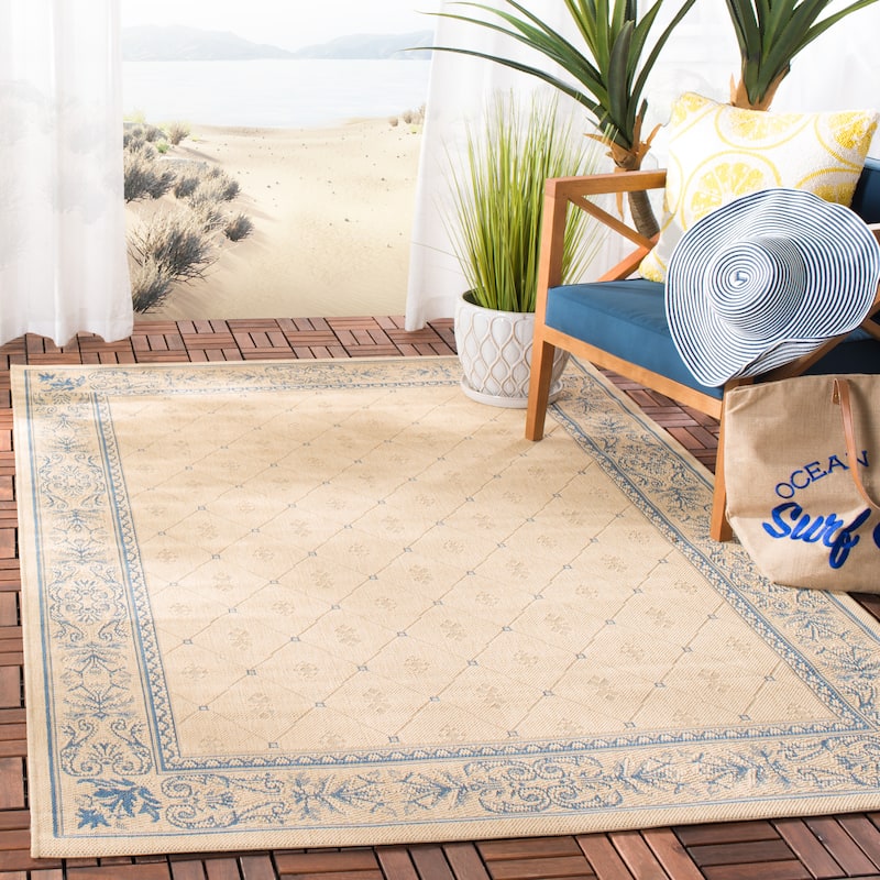 SAFAVIEH Courtyard Hendrina Indoor/ Outdoor Waterproof Patio Backyard Rug - 6'7" x 9'6" - Natural/Blue
